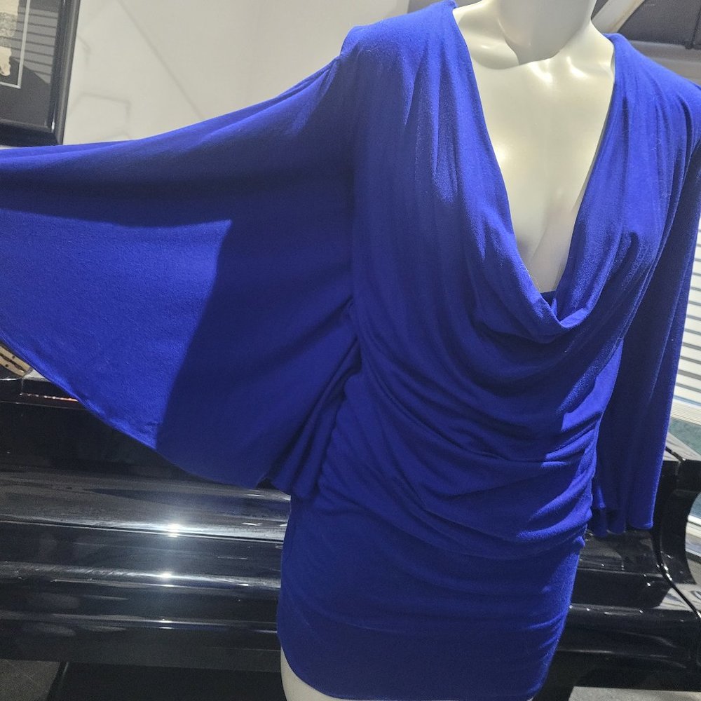 Sky Royal Blue Small, Cold Shoulder, Flared Arms, Open Embroidered Mini  Dress
